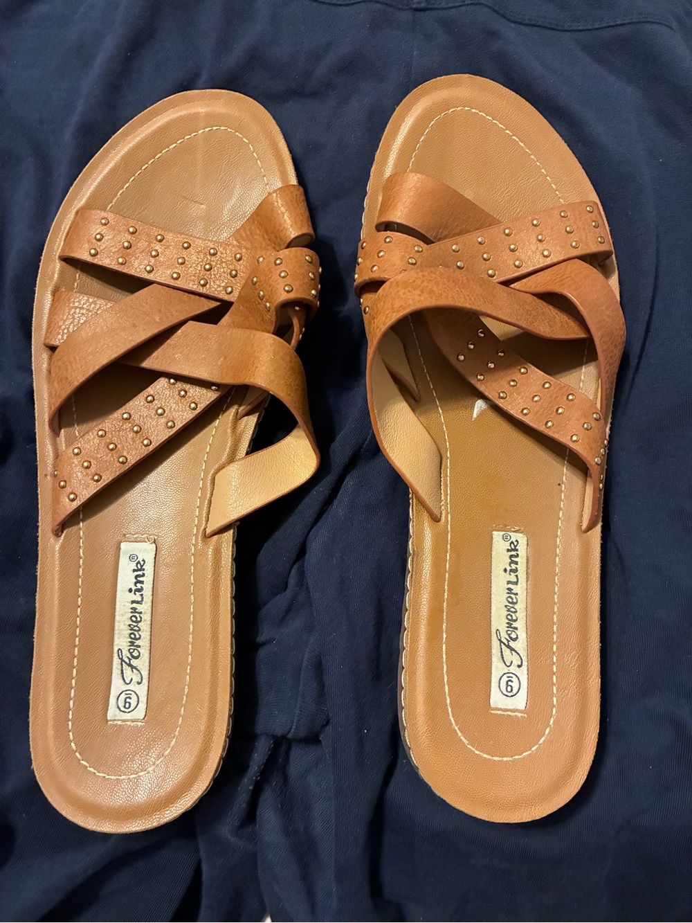 Forever Link Cognac Brown Studded Crisscross Slide Sandals - Women
